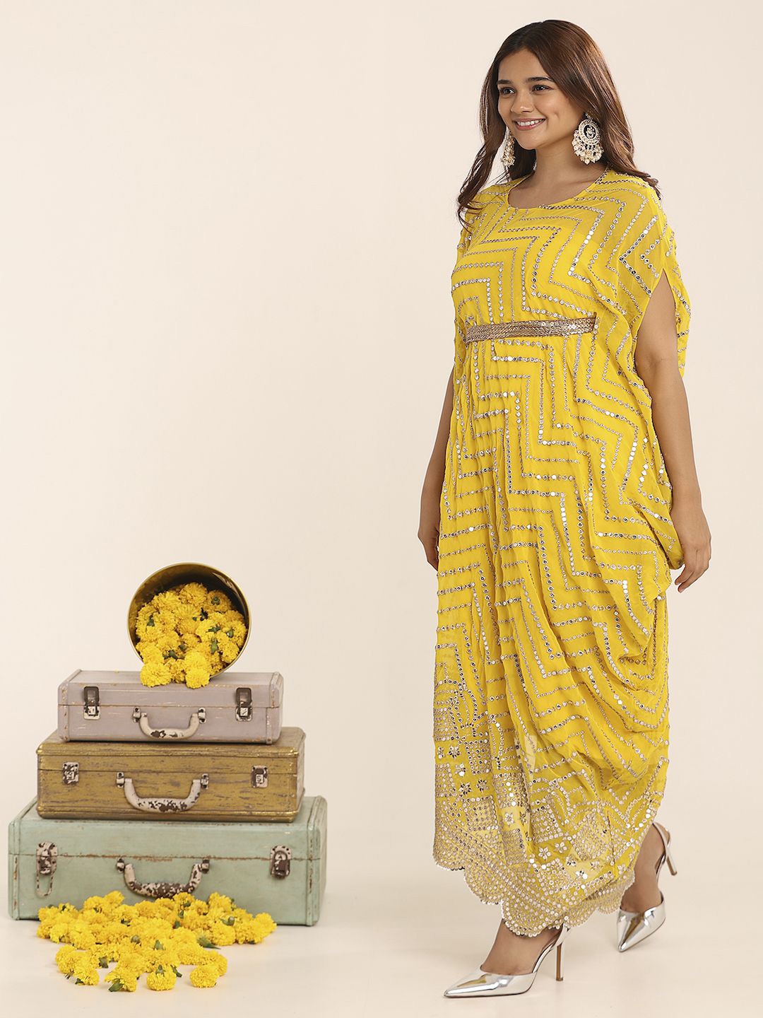 

THE BLESSED WARDROBE Women Embellished Georgette Kaftan Maxi Dress, Yellow