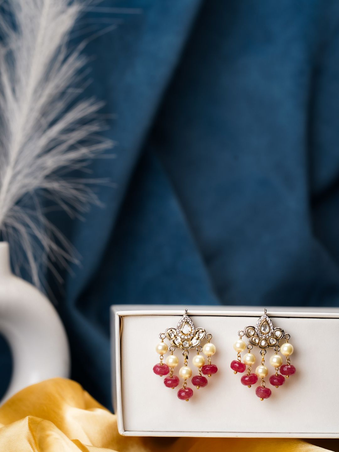 

AARSEE OFFICIAL Anti-Tarnish 22KT Gold Plated Serene Ruby Earrings, Silver