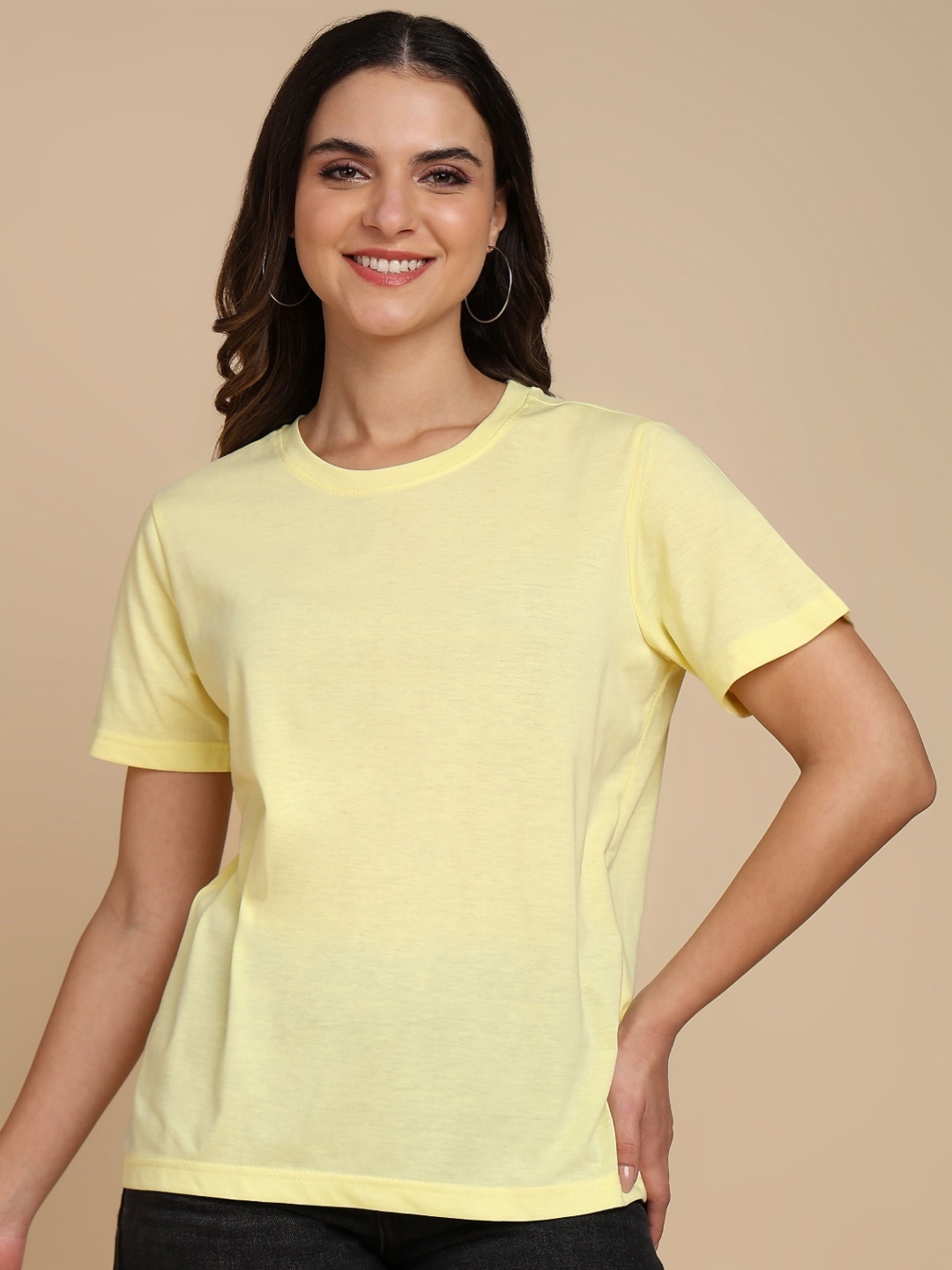

Adyavastram Women Solid Round Neck Cotton T-shirt, Yellow