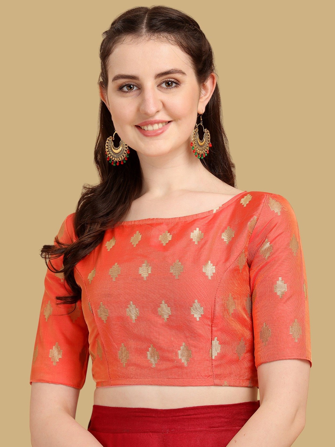 

Oomph! Woven Design Boat Neck Saree Blouse, Orange