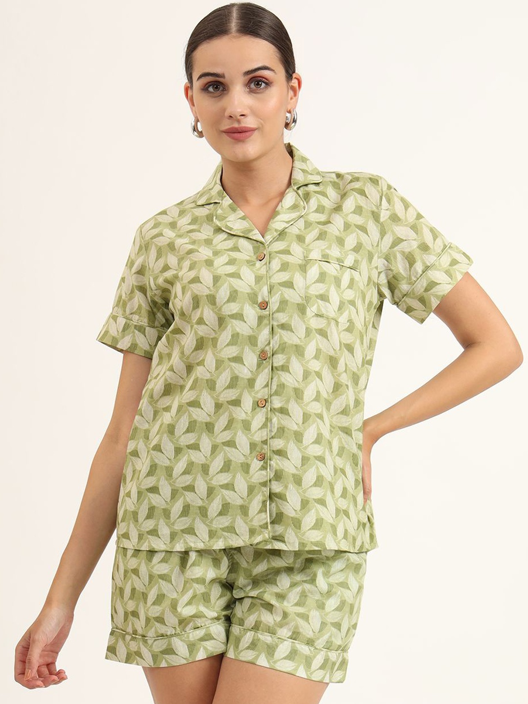

Divena Printed Pure Cotton Shirt With Shorts Co-Ords, Green
