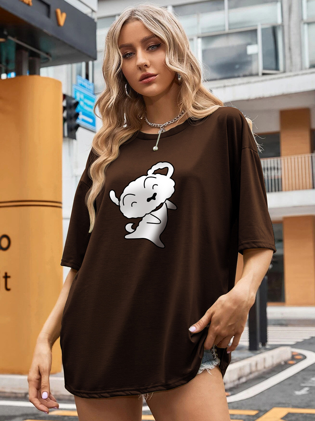 

TOGS & TERRE Women Graphic Printed Round Neck Cotton Oversized T-shirt, Brown