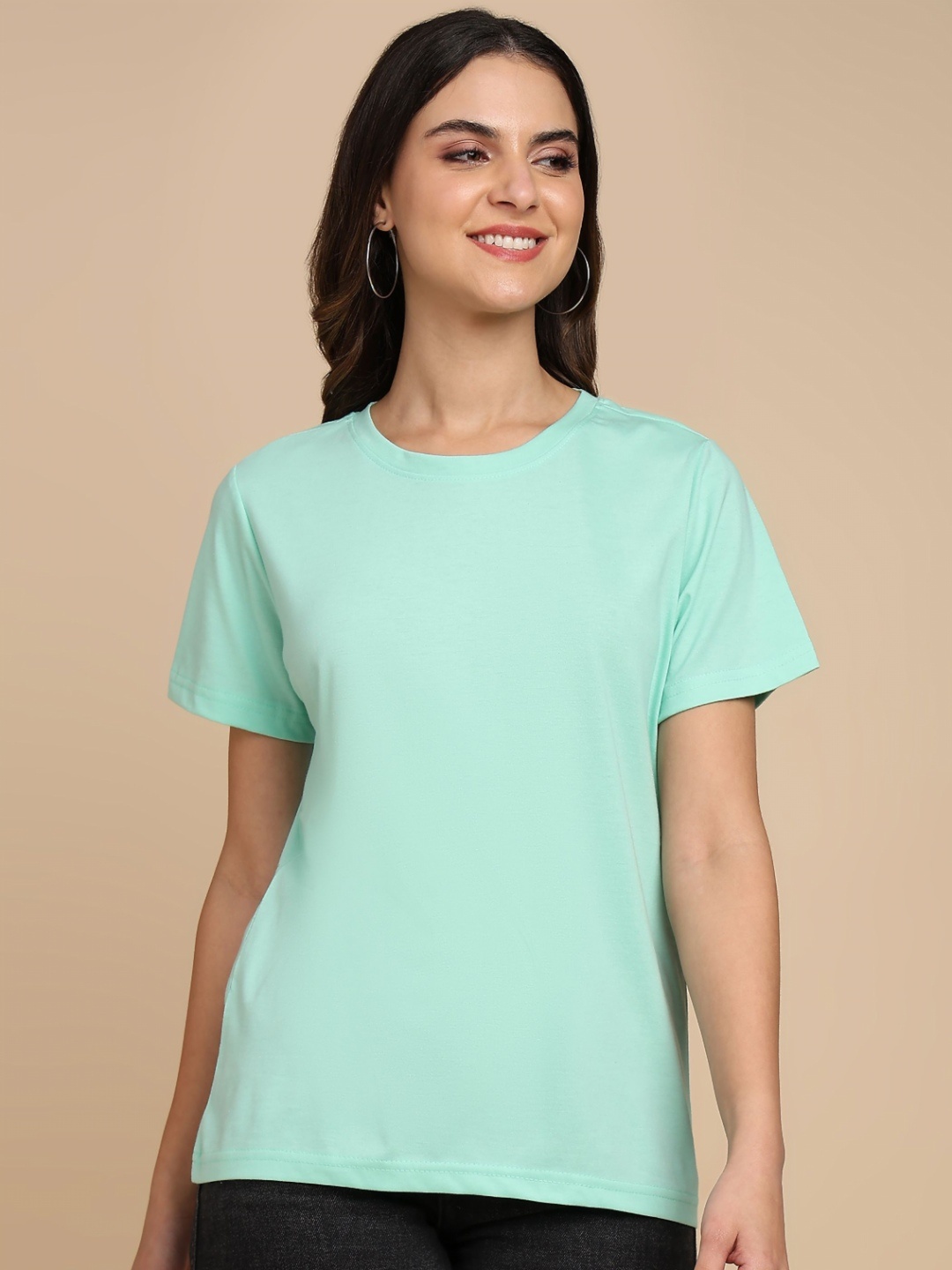 

Adyavastram Women Solid Round Neck Cotton T-shirt, Sea green
