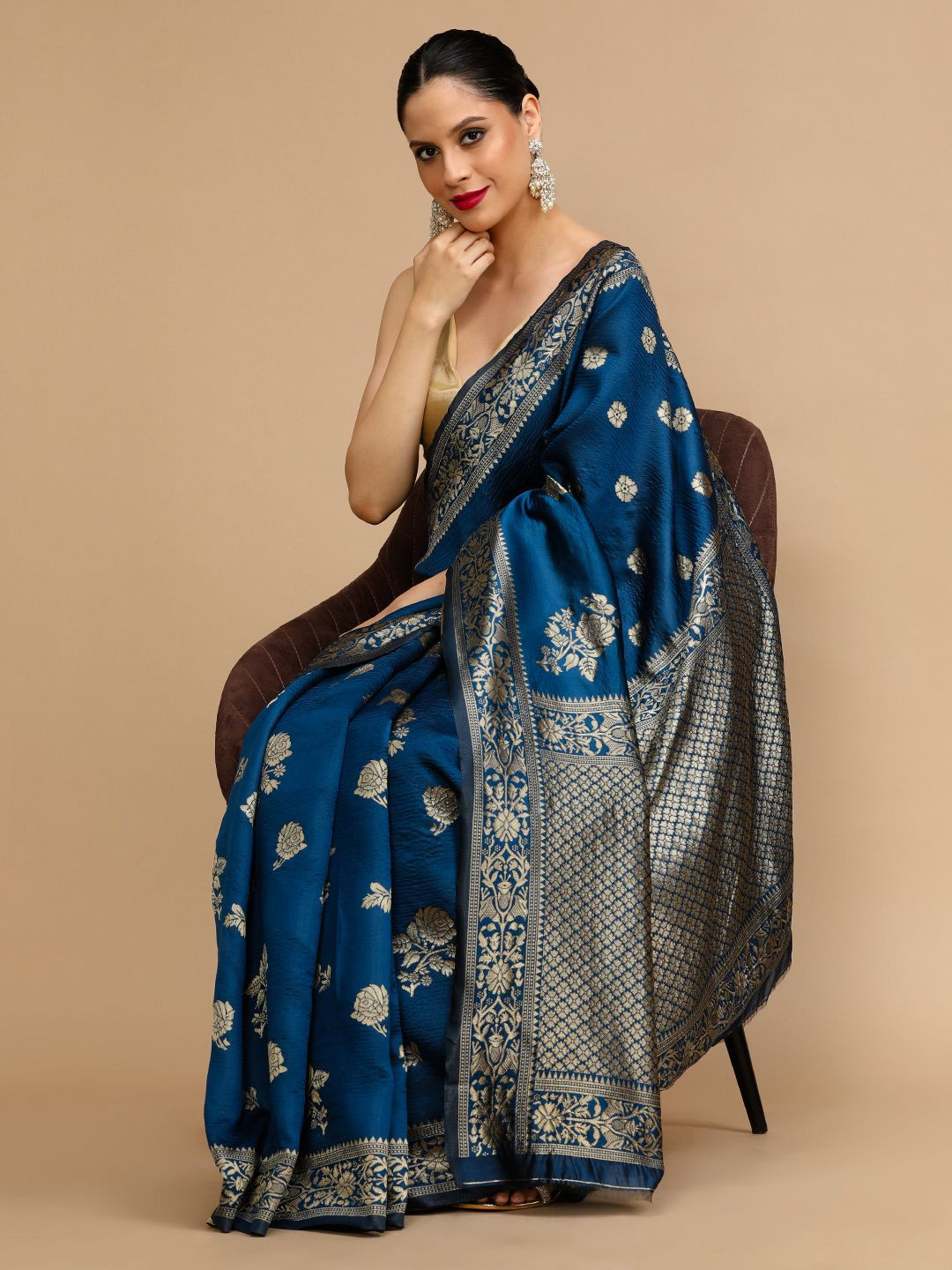 

House of Pataudi Woven Design Banarasi Saree With Unstitched Blouse, Blue