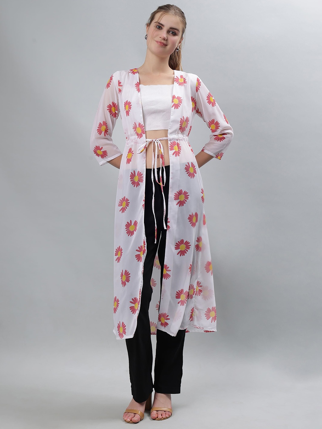 

ETRAANA Floral Printed Longline Tie-Up Shrug, White