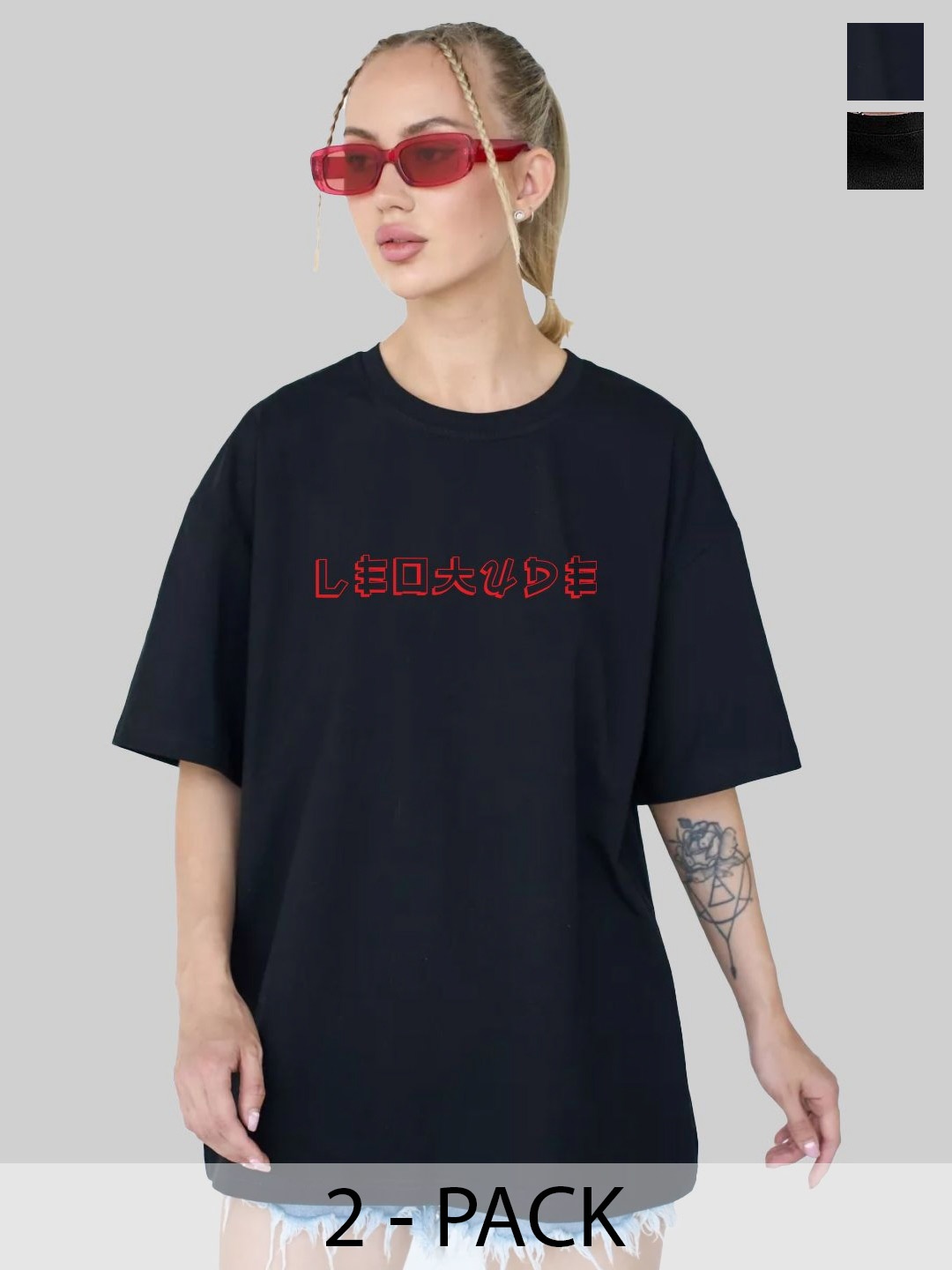 

Leotude Women Pack Of 2 Graphic Printed Round Neck Cotton Oversized T-shirts, Black