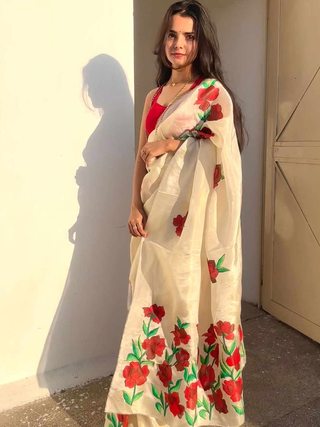 

Noor by Hansa Floral Painted Tissue Saree, Beige