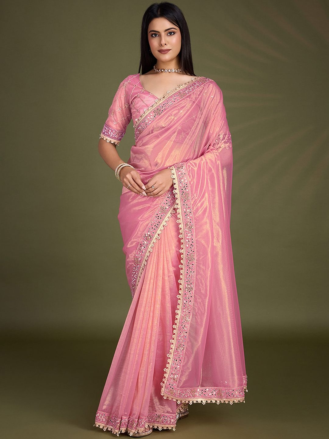 

Peachmode Beads and Stones Embellished Net Saree, Pink