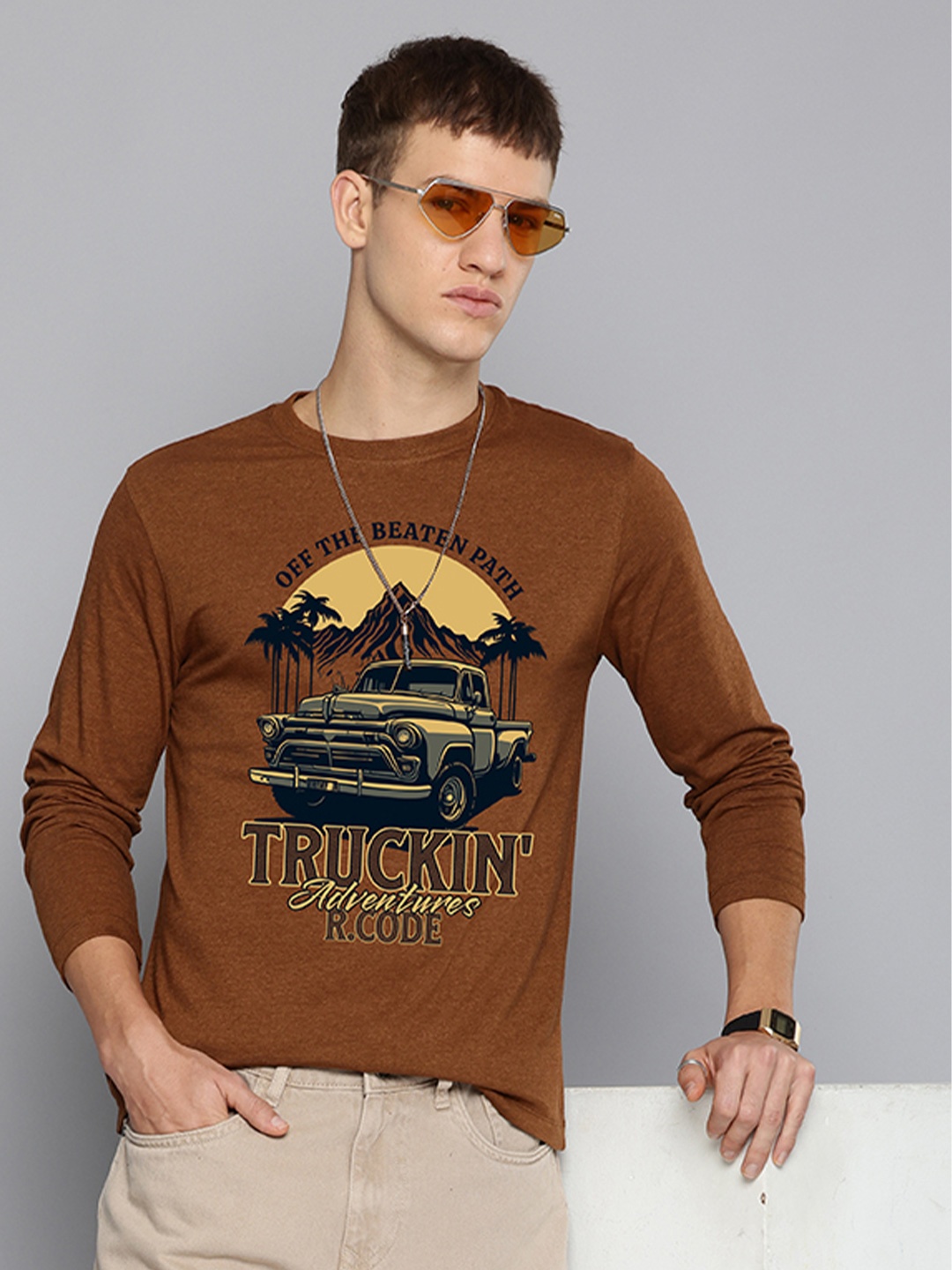 

R.Code by The Roadster Life Co. Men Printed Applique T-shirt, Mustard