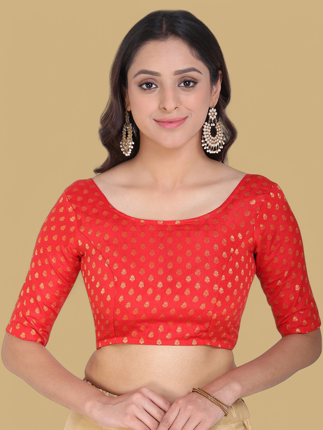 

Oomph! Woven Design Boat Neck Jacquard Saree Blouse, Red