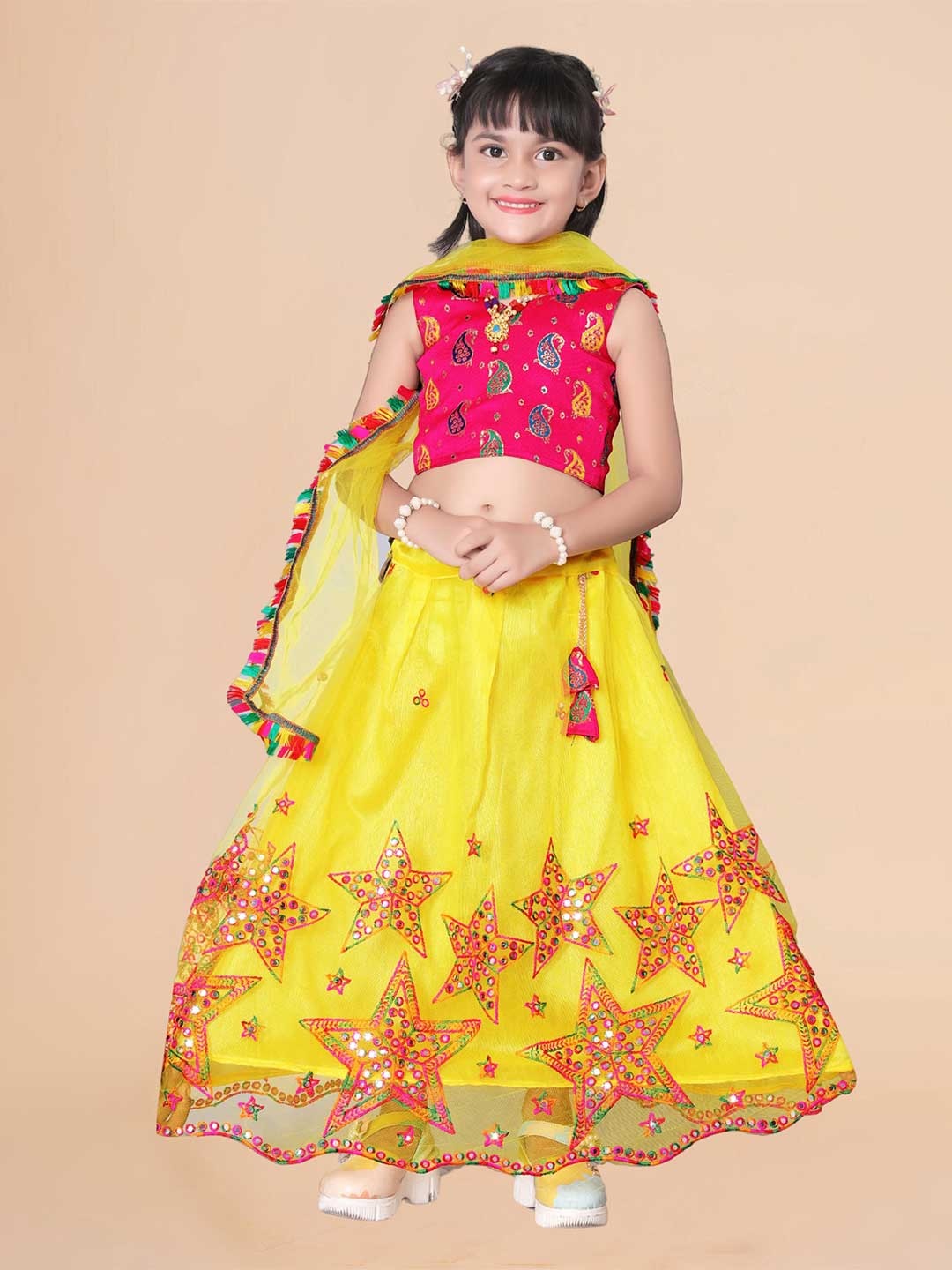 

Sainur creation Girls Embroidered Sequinned Ready to Wear Lehenga & Blouse With Dupatta, Yellow