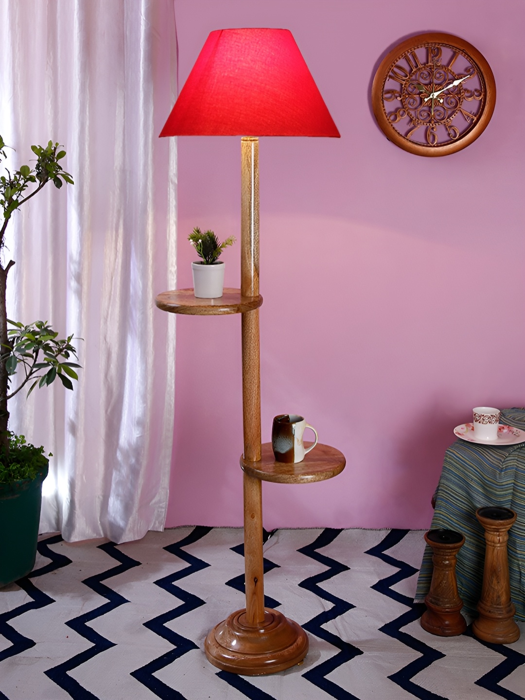 

Devansh Red And Brown Frustum Shaped Wooden Floor Lamp With Shelves