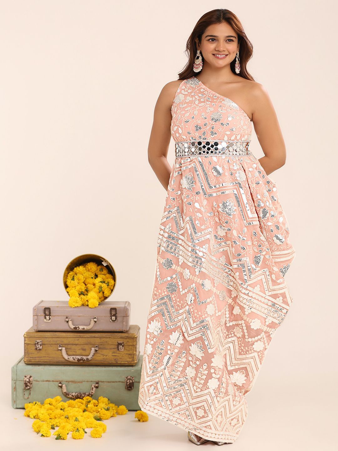 

THE BLESSED WARDROBE Women Printed One Shoulder Fit & Flare Dress, Pink