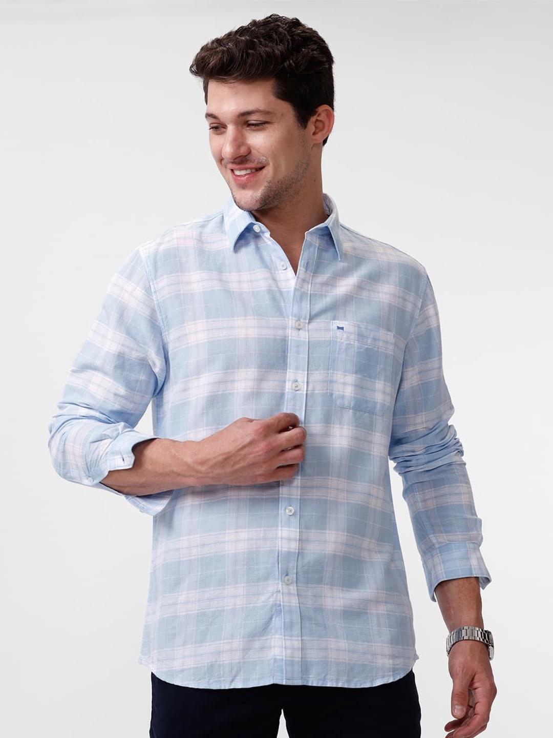 

Basics Men Slim Fit Spread Collar Tartan Checked Cotton Casual Shirt, Blue