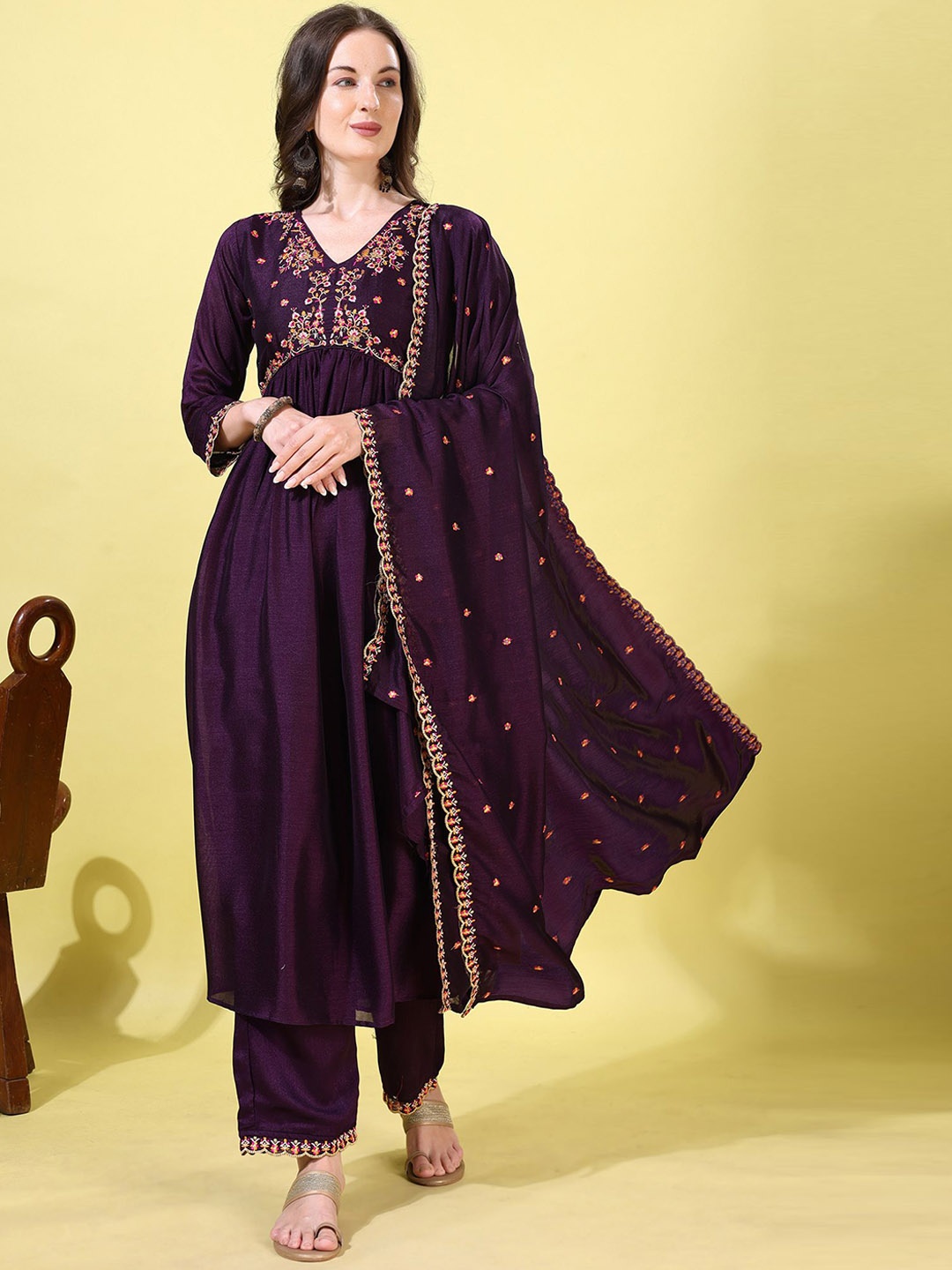 

KALINI Women Ethnic Motifs Embroidered Regular Kurta with Palazzos & With Dupatta, Purple