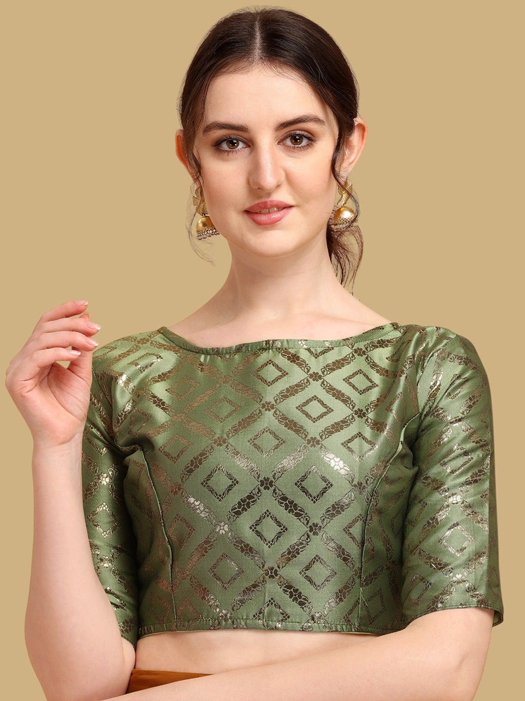 

Oomph! Woven Design Boat Neck Jacquard Saree Blouse, Green