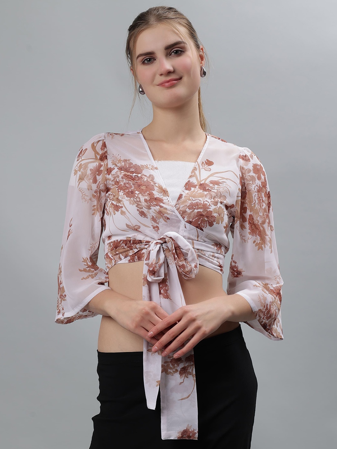

ETRAANA Floral Printed V-Neck Bralette Crop Top, Brown
