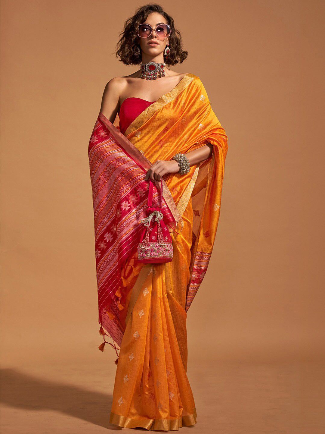 

Ethnielle Woven Design Zari Banarasi Saree, Orange