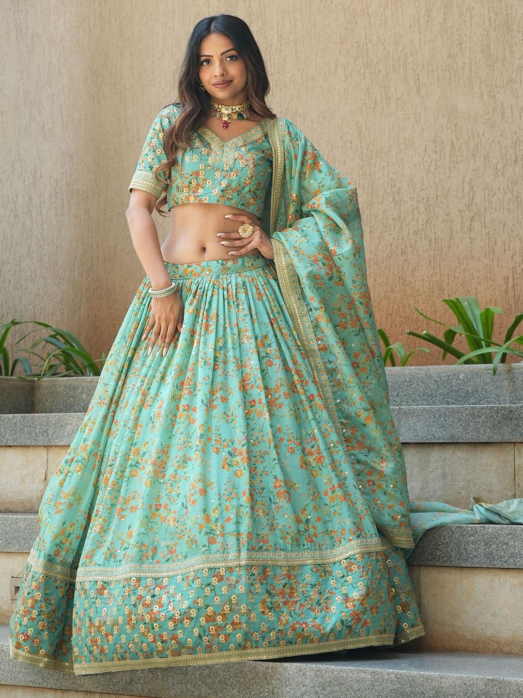 

FABPIXEL Embroidered Semi-Stitched Lehenga & Unstitched Blouse With Dupatta, Green