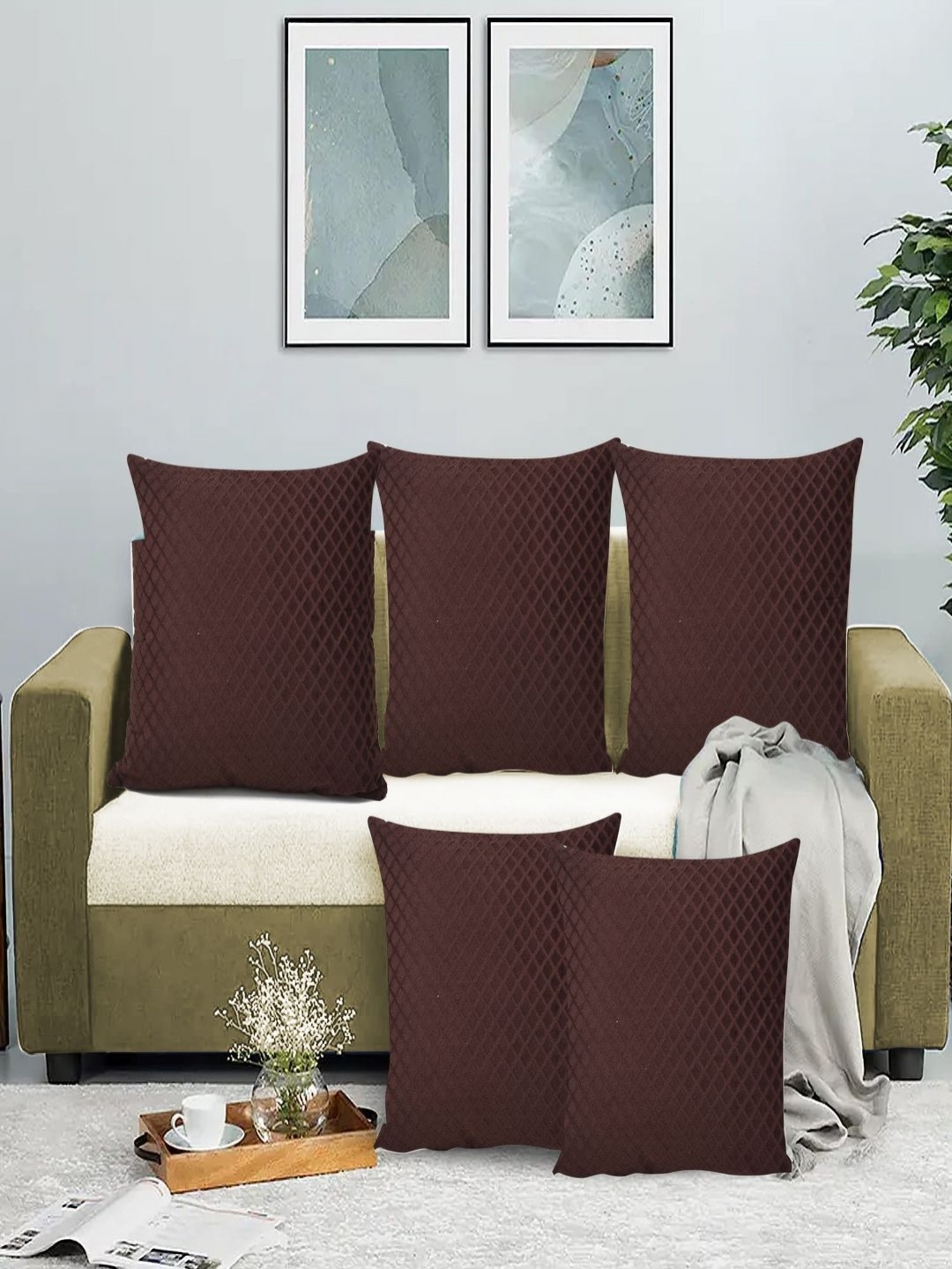 

Myntra Elegant Homes Coffee Brown Set of 5 Velvet Square Cushion Covers