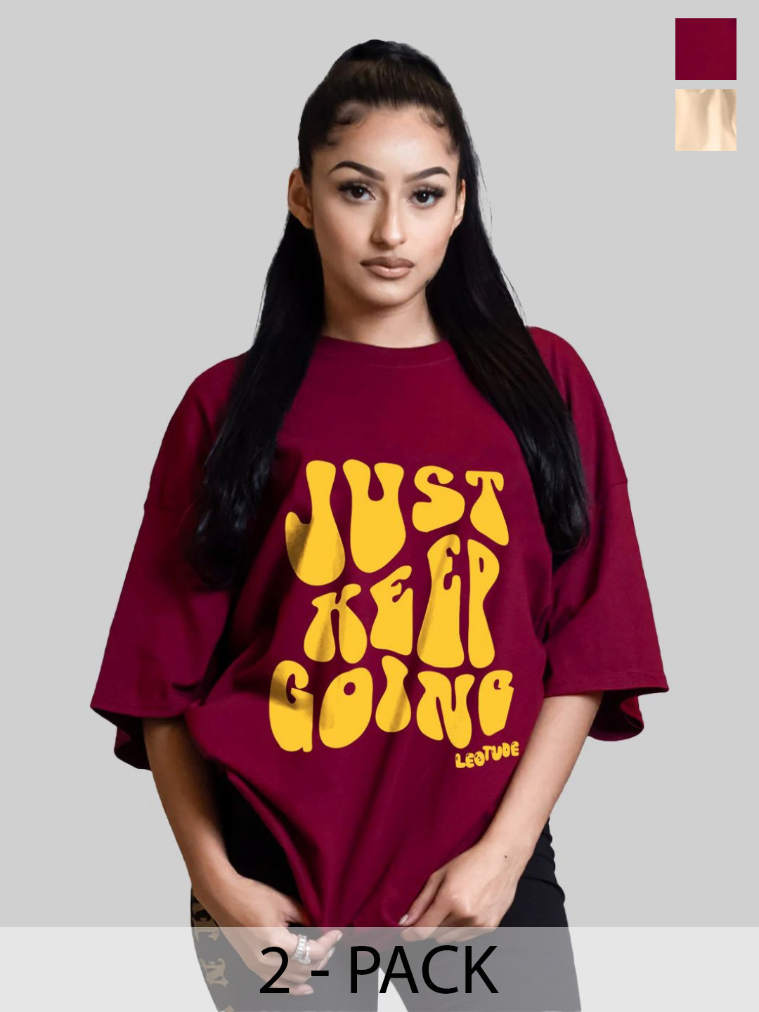 

Leotude Women Pack Of 2 Typography Printed Round Neck Cotton Oversized T-shirts, Burgundy