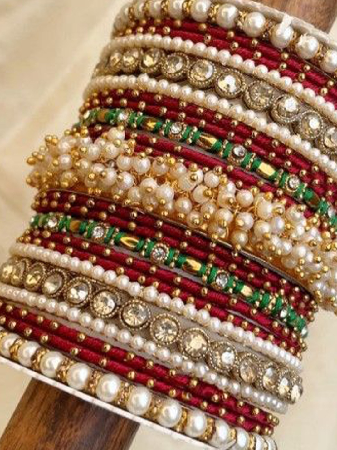 

leshya Set Of 2 Stone-Studded & Beaded Gajra Bangles, Gold