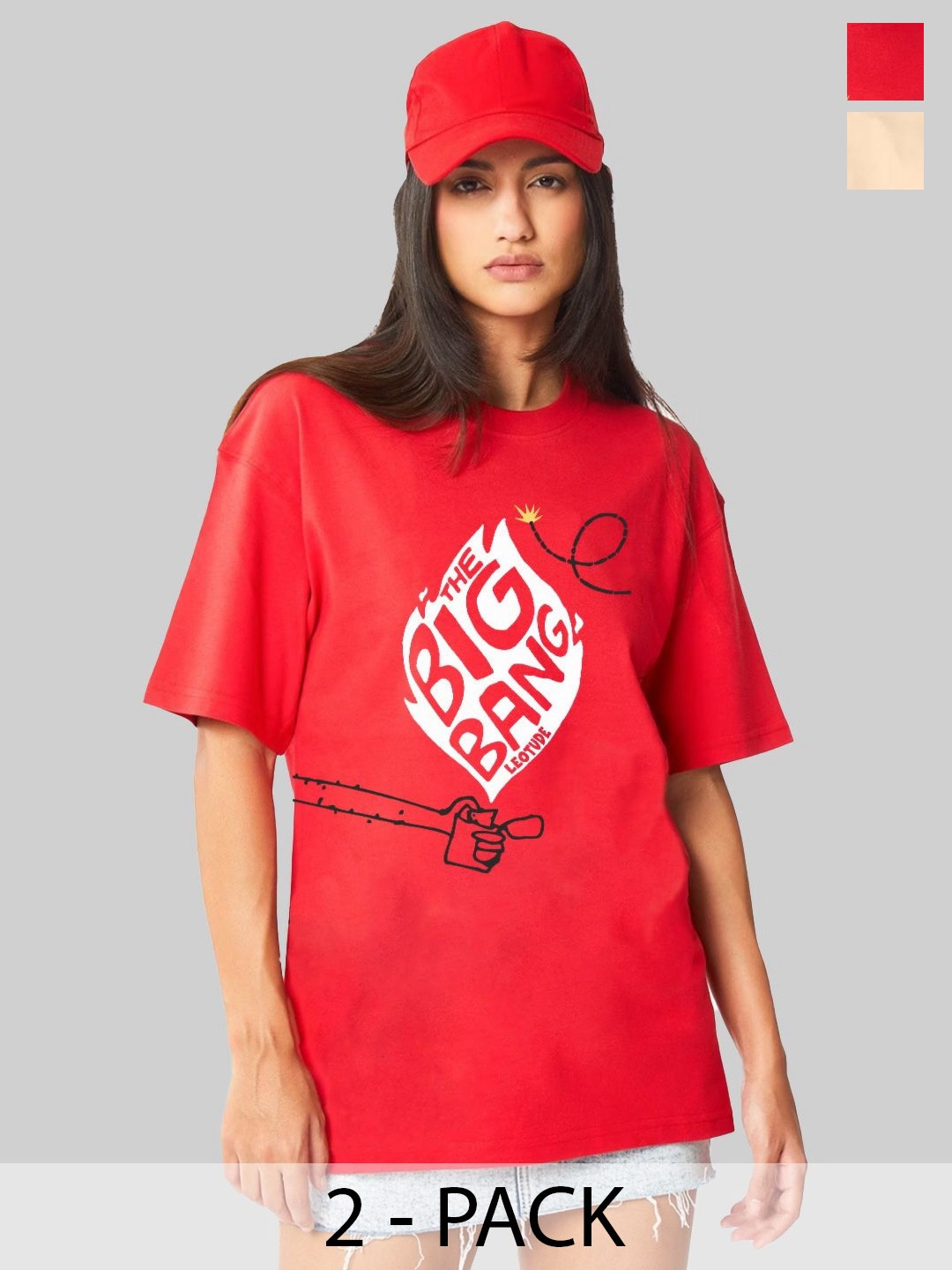 

Leotude Women Pack Of 2 Typography Printed Round Neck Cotton Oversized T-shirts, Red