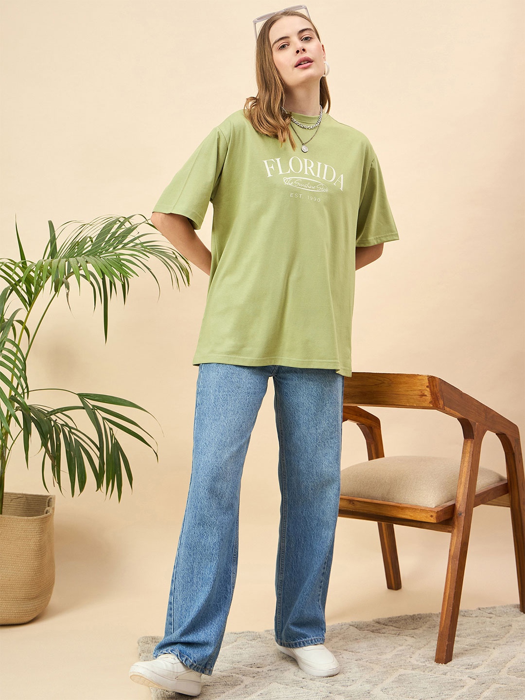 

Mast & Harbour Women Printed Drop-Shoulder Sleeves T-shirt, Green