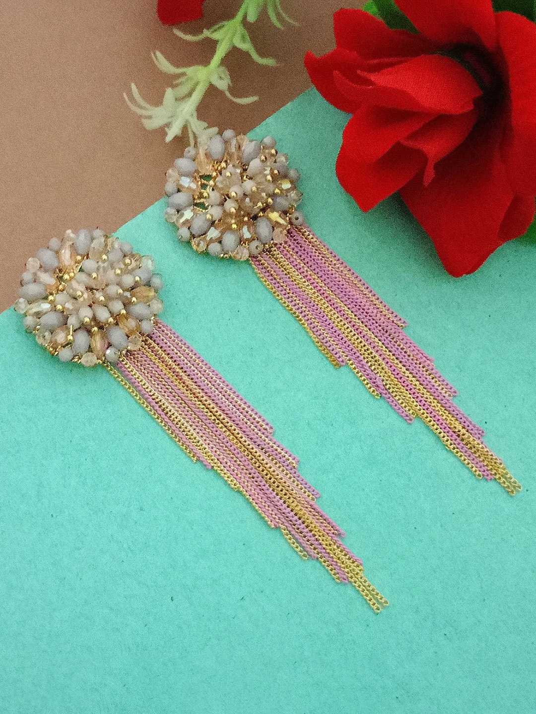 

DIVASTRI Gold-Plated Artificial Beads Beaded Contemporary Drop Earrings, Pink