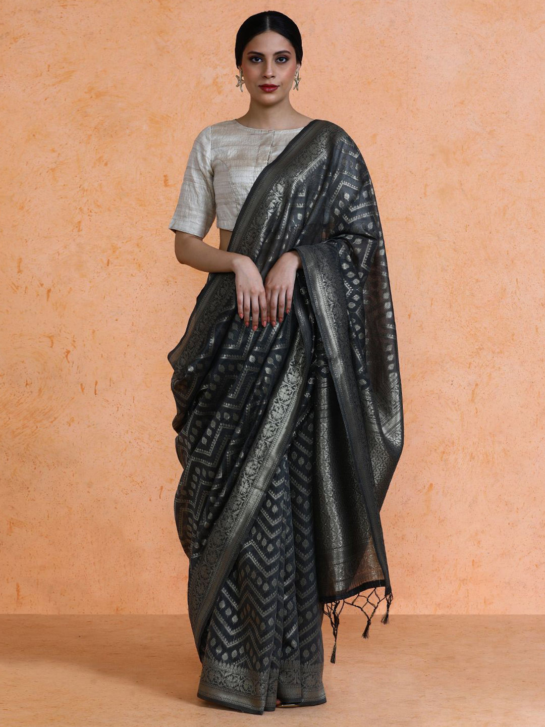 

SARHA Woven Design Chanderi Cotton Saree, Grey