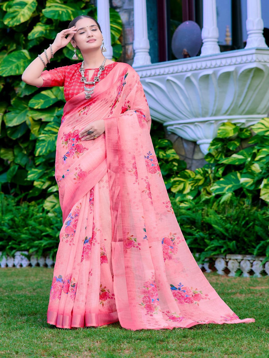 

TRENDING KART Floral Printed Zari Chanderi Saree, Pink
