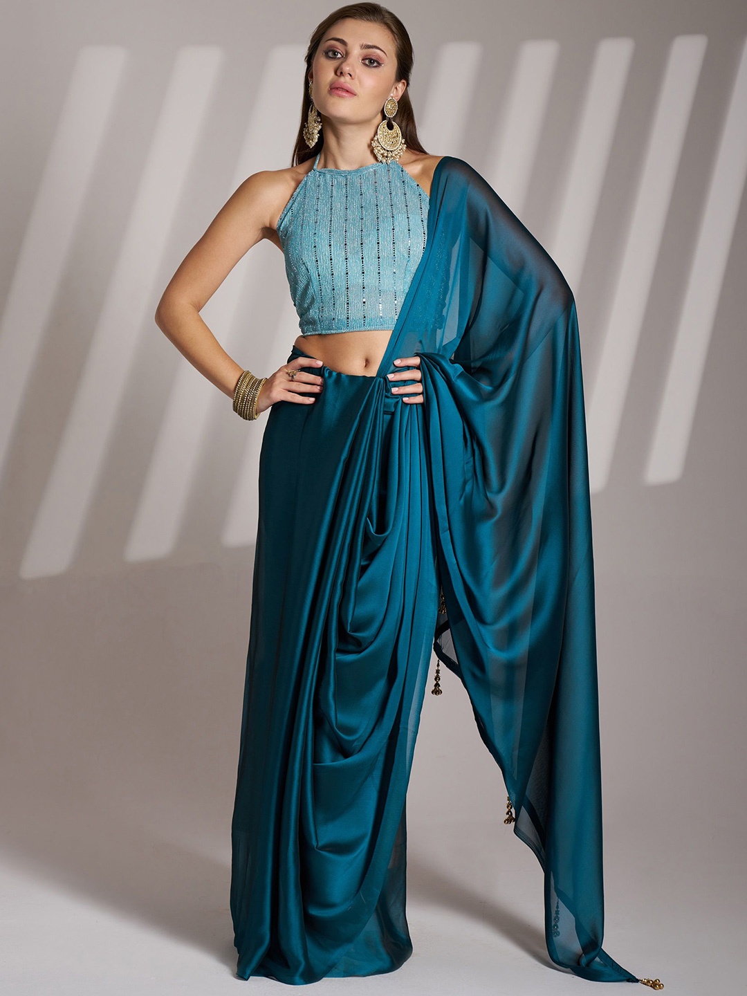 

MAHALASA Solid Pure Satin Saree with Blouse Piece, Blue