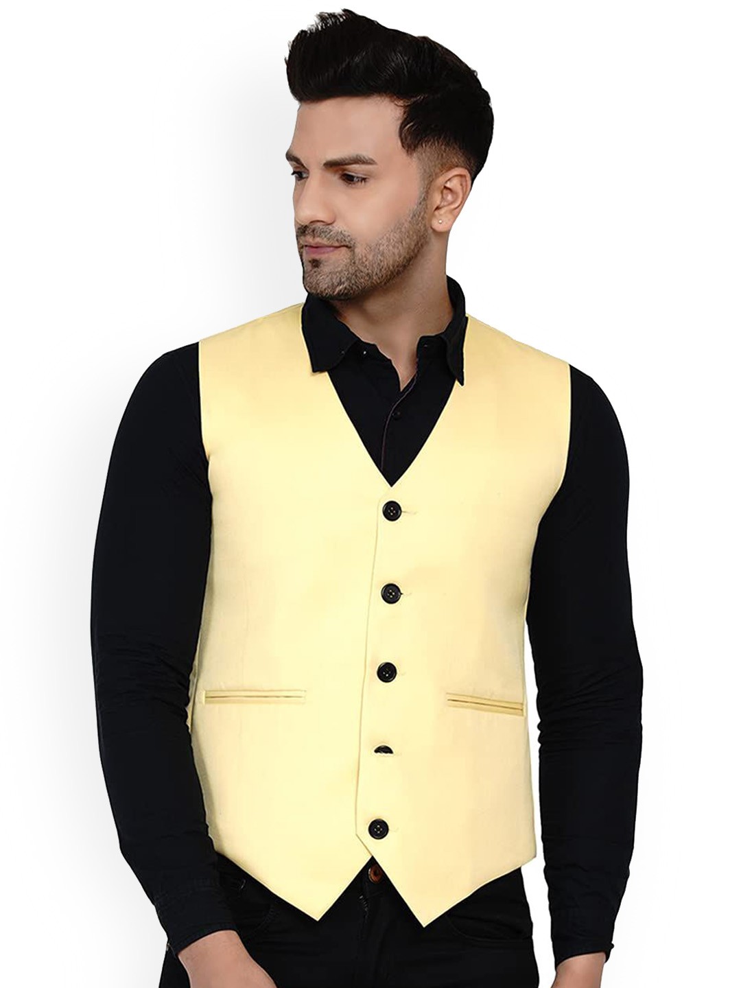 

VEERA PARIDHAAN Woven V-Neck Waistcoat, Yellow