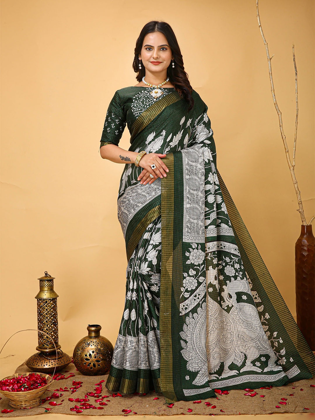 

HERE&NOW Kalamkari Zari Pure Cotton Handloom Kanjeevaram Saree, Green