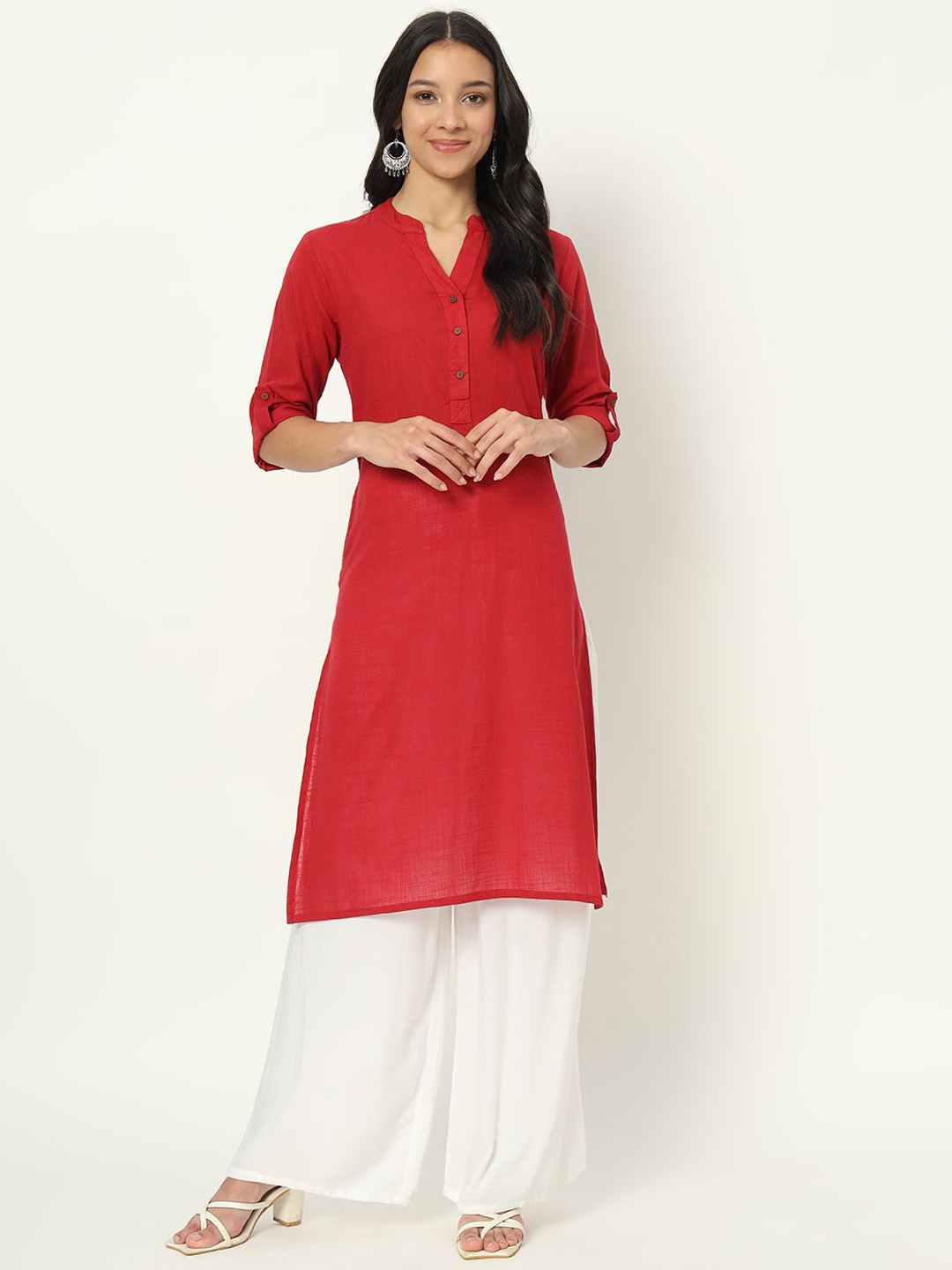 

Laad Mandarin Collar Roll-Up Sleeves Linen Straight Kurta, Red