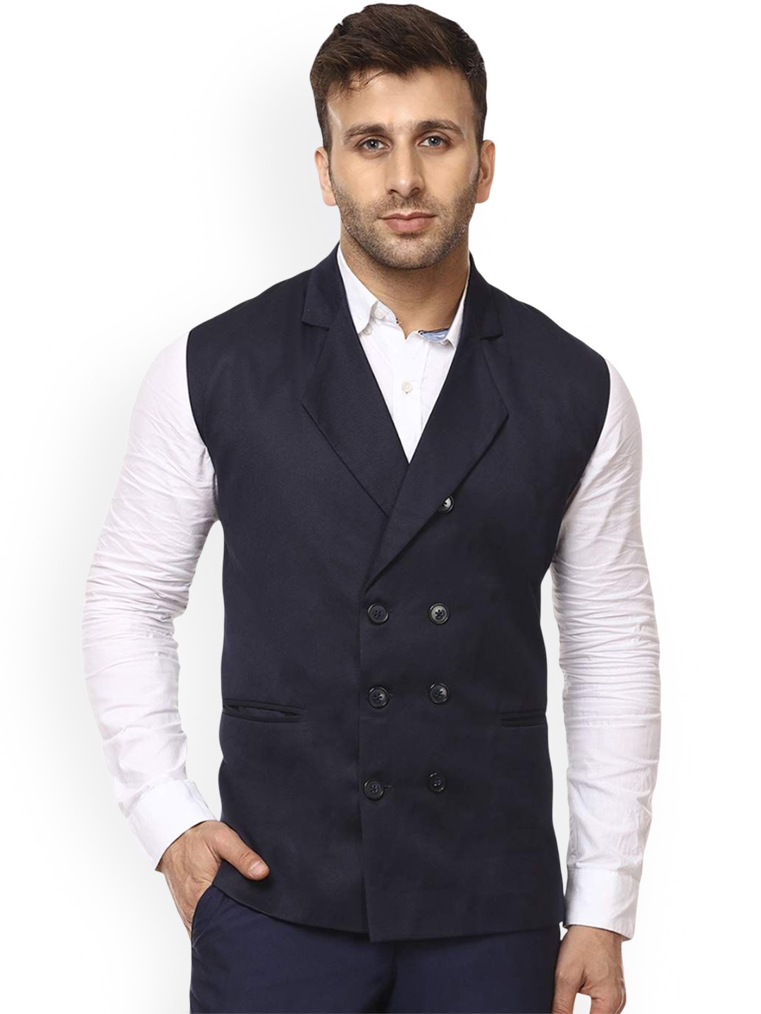 

VEERA PARIDHAAN Double-Breasted Woven Waistcoat, Blue