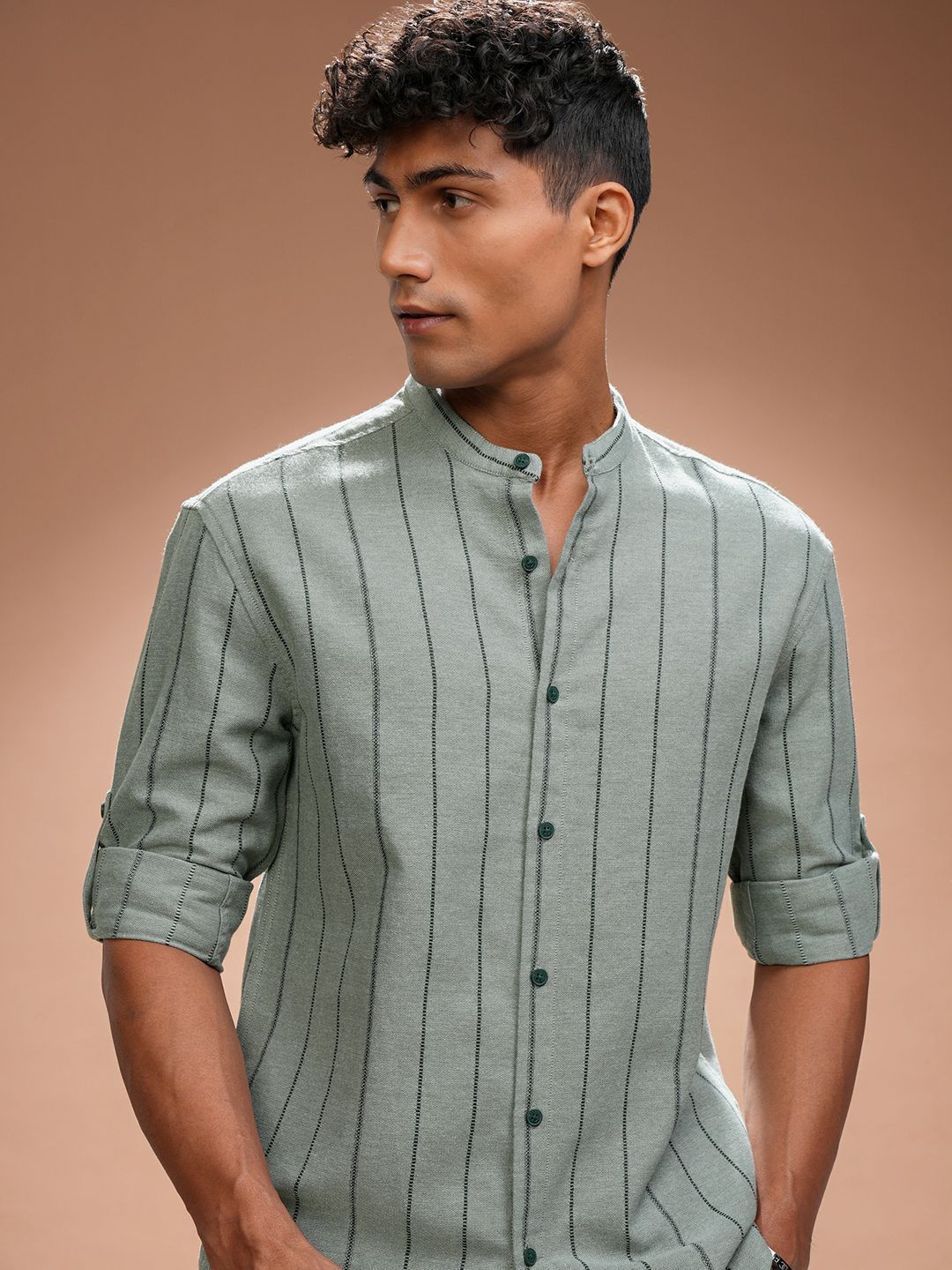 

HIGHLANDER Men Comfort Relaxed Fit Band Collar Vertical Striped Casual Shirt, Green