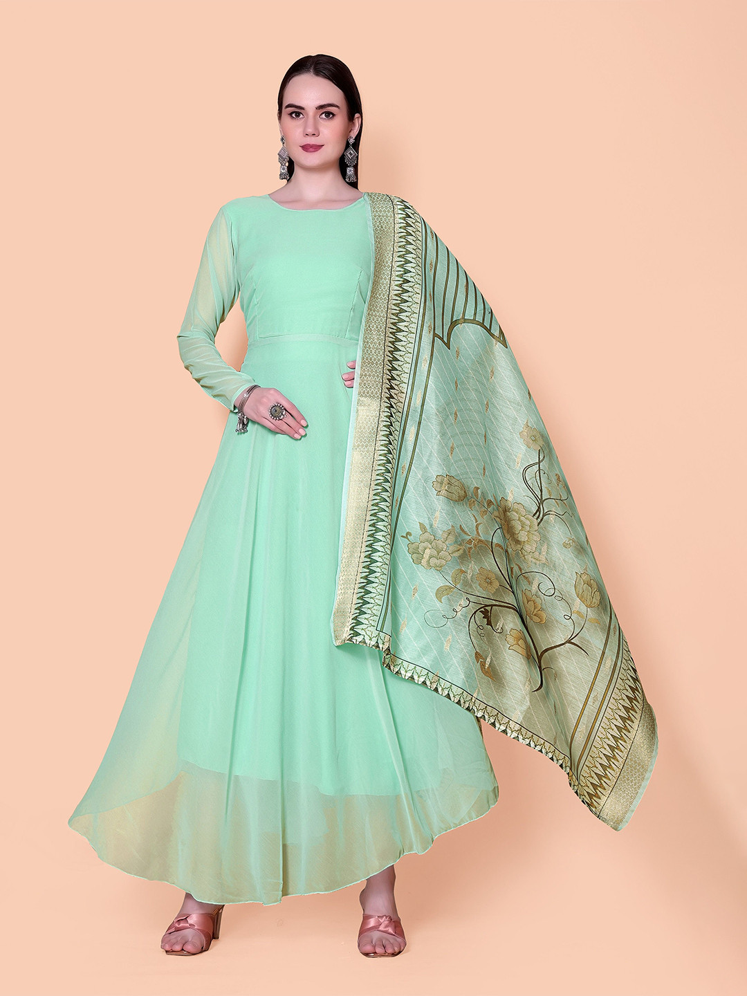 

Rinbin Women Print Round Neck Gown Dress With Dupatta, Blue