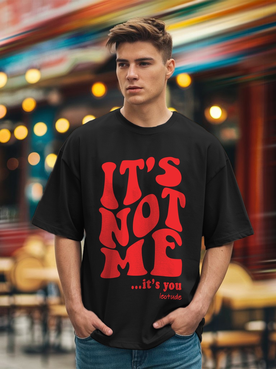 

Leotude Men Typography Printed Round Neck Cotton Relaxed Fit T-shirt, Black