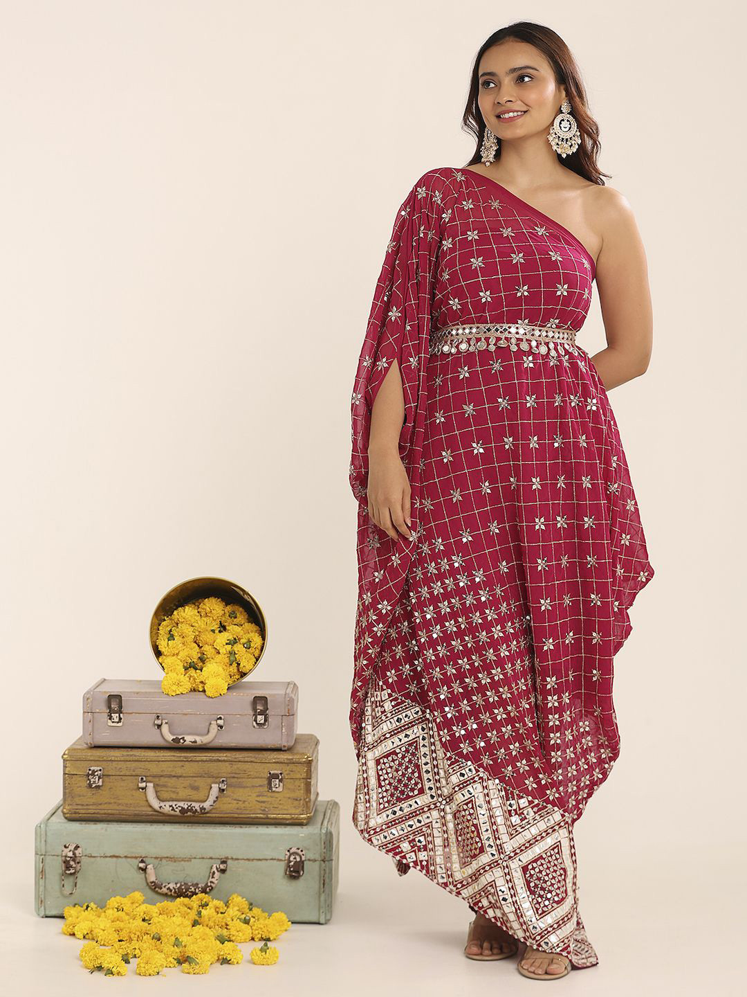 

THE BLESSED WARDROBE Women Embellished Georgette Kaftan Maxi Dress, Magenta