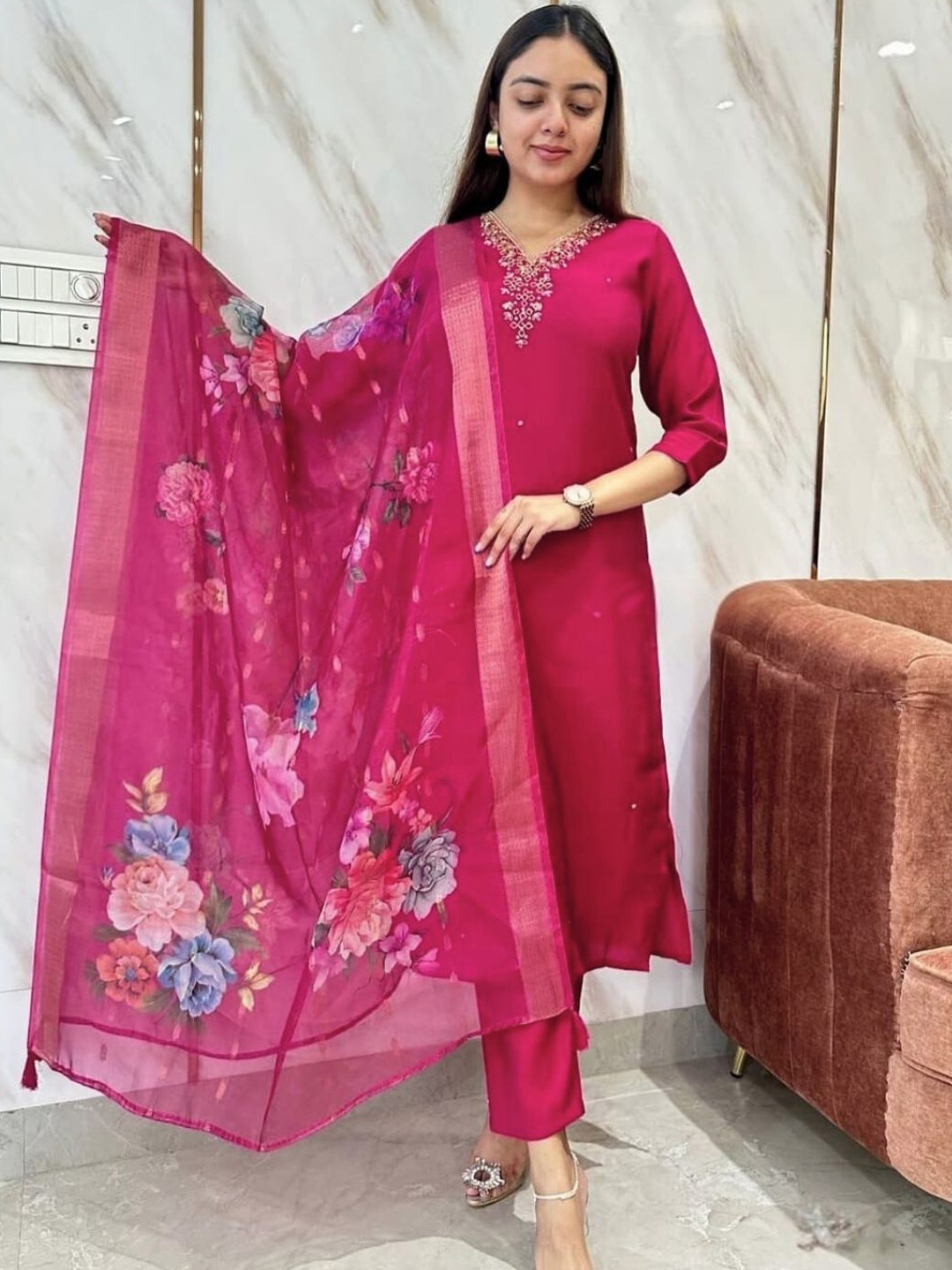 

Navlik Floral Embroidered V-Neck Chanderi Silk Straight Kurta With Trousers & Dupatta, Pink