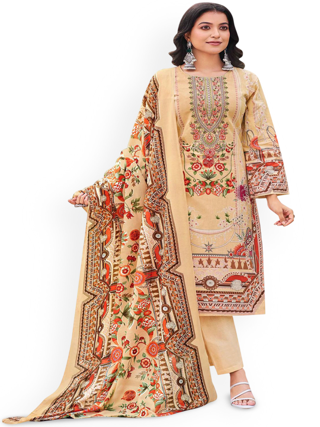 

DRAVINAM Trends Floral Embroidered Thread Work Pure Cotton Unstitched Dress Material, Cream