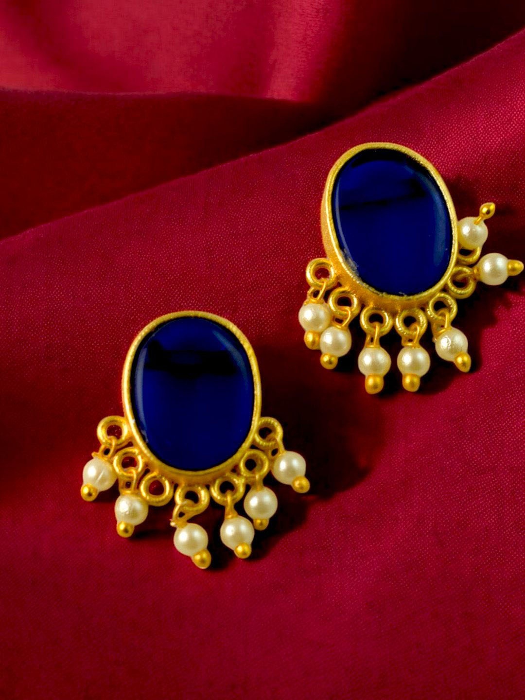 

TISHUL JEWELS Gold-Plated Artificial Stones Studded & Beaded Oval Shaped Drop Earrings