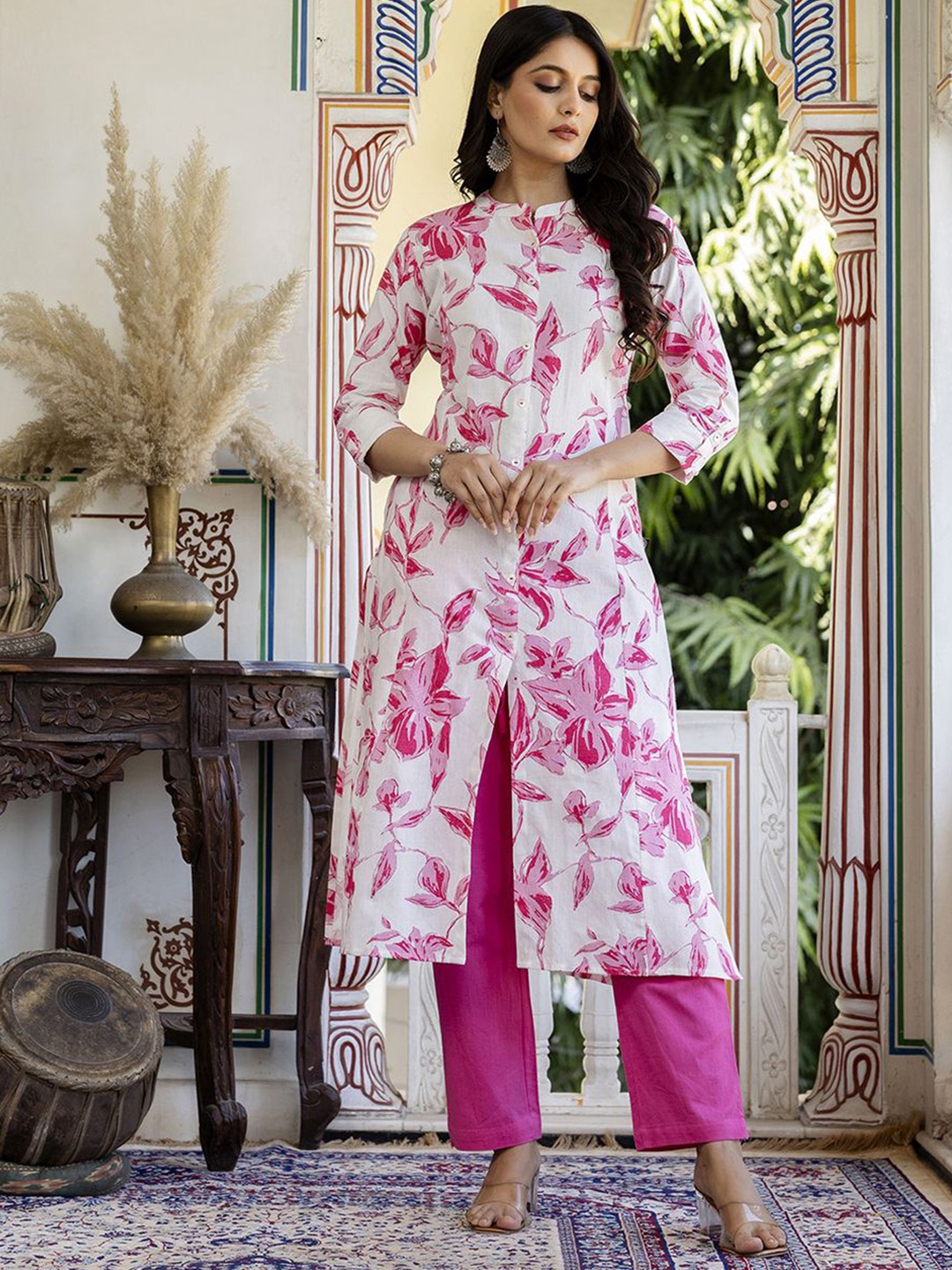 

Pistaa Floral Printed Mandarin Collar Pure Cotton A-Line Kurta with Trousers, Pink
