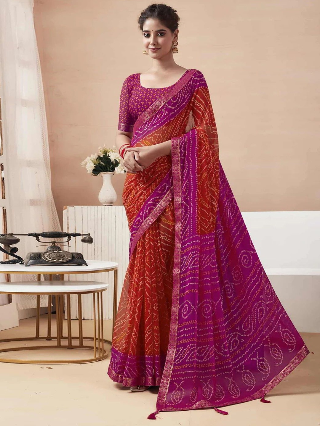 

Styleveda Bandhani Zari Pure Georgette Saree, Pink