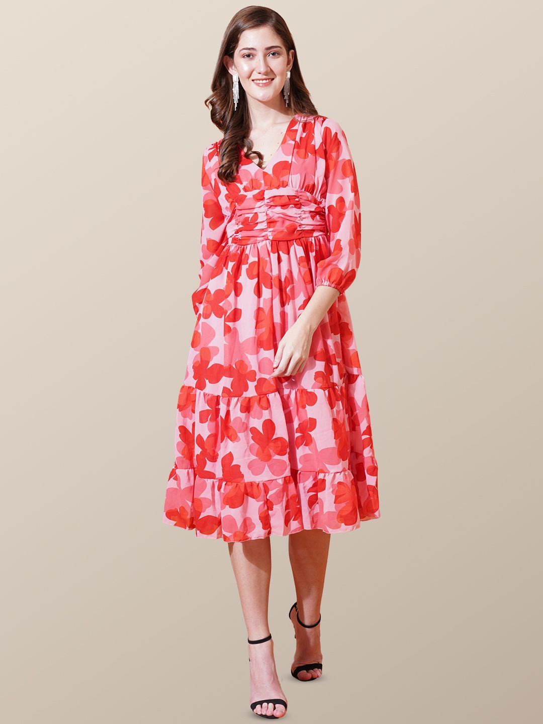 

Chemistry Floral Print Puff Sleeve Georgette Empire Midi Dress, Red