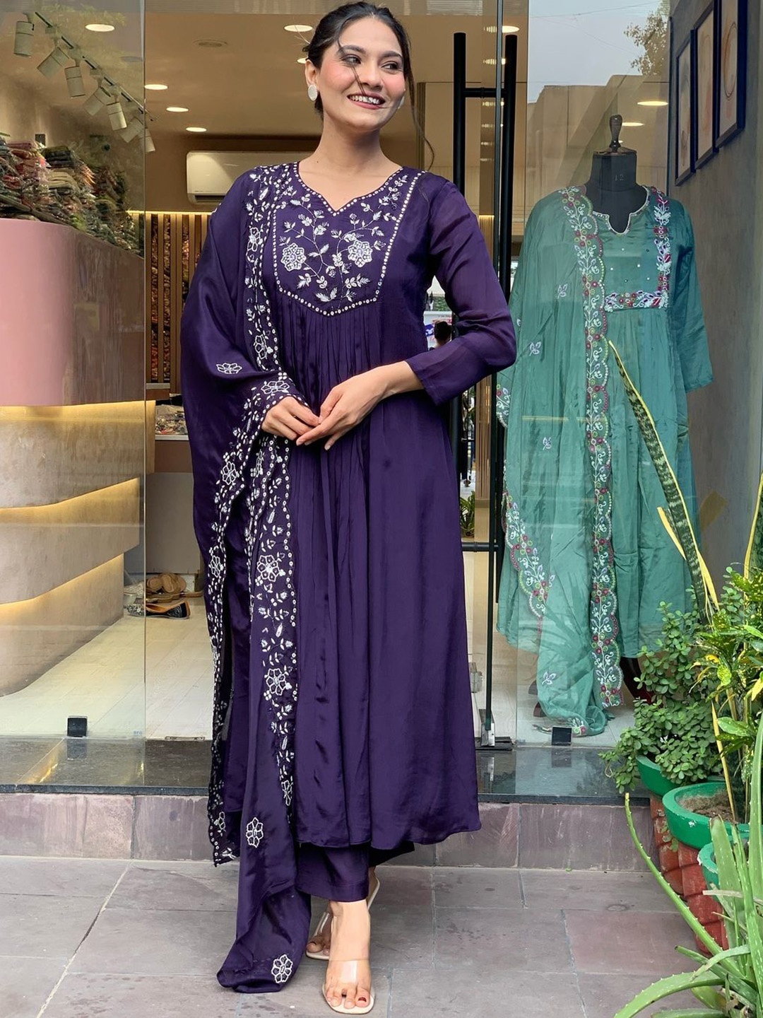 

Wedani Floral Yoke Design Notch Neck Thread Work Anarkali Kurta With Trousers & Dupatta, Purple