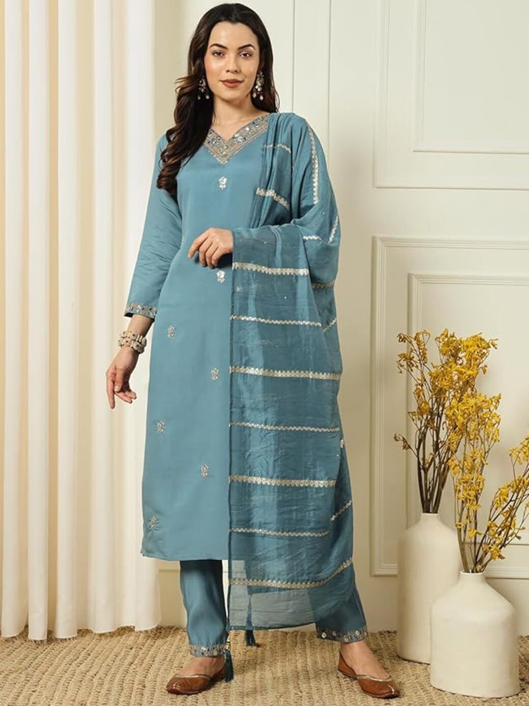 

ASCIIBLUES Embroidered Beads and Stones V-Neck Kurta With Trousers & Dupatta, Turquoise blue