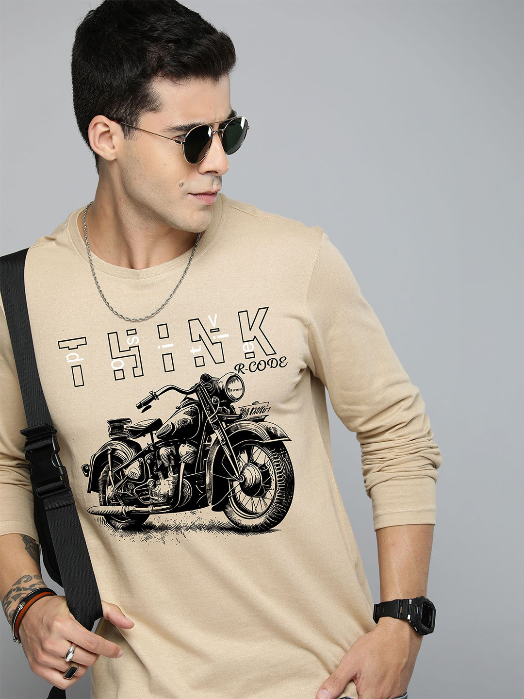 

R.Code by The Roadster Lifestyle Co. Men Graphic Printed Round Neck Cotton T-shirt, Beige