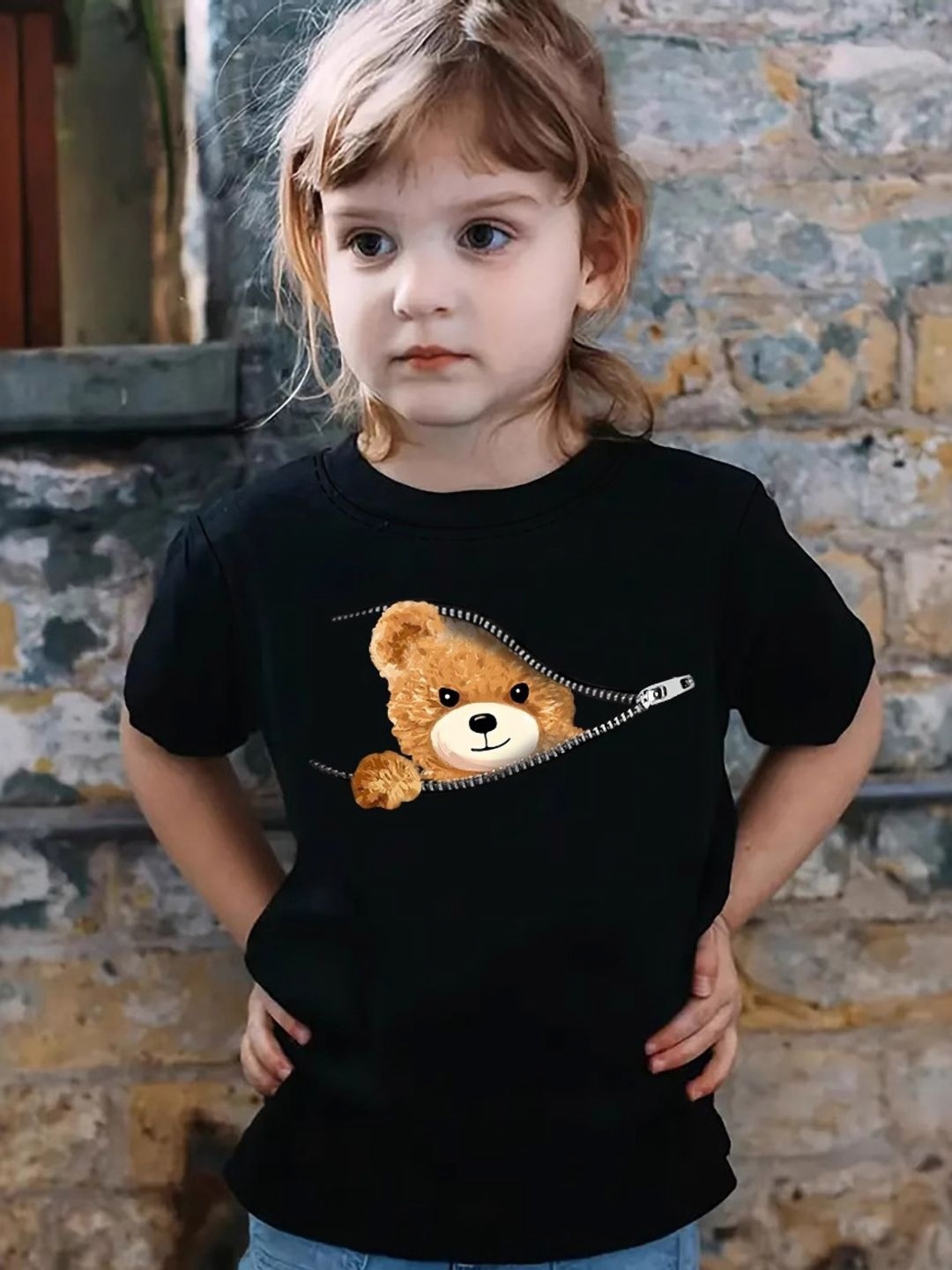 

YK Girls Printed Extended Sleeves Applique T-shirt, Black